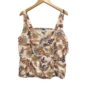 Old Navy Linen Blend Floral Smocked Womens L Tank Top Feminine Garden Party NWT